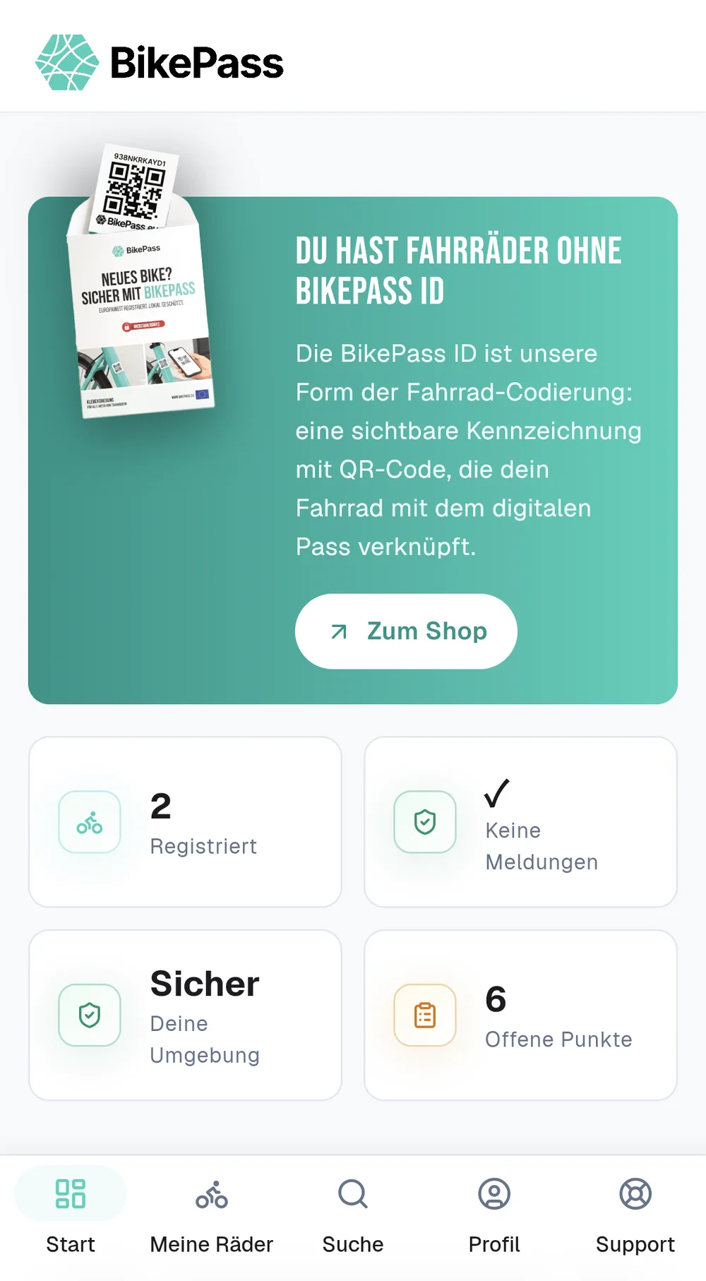 BikePass-App: Dashboard mit registrierten Rädern und Status