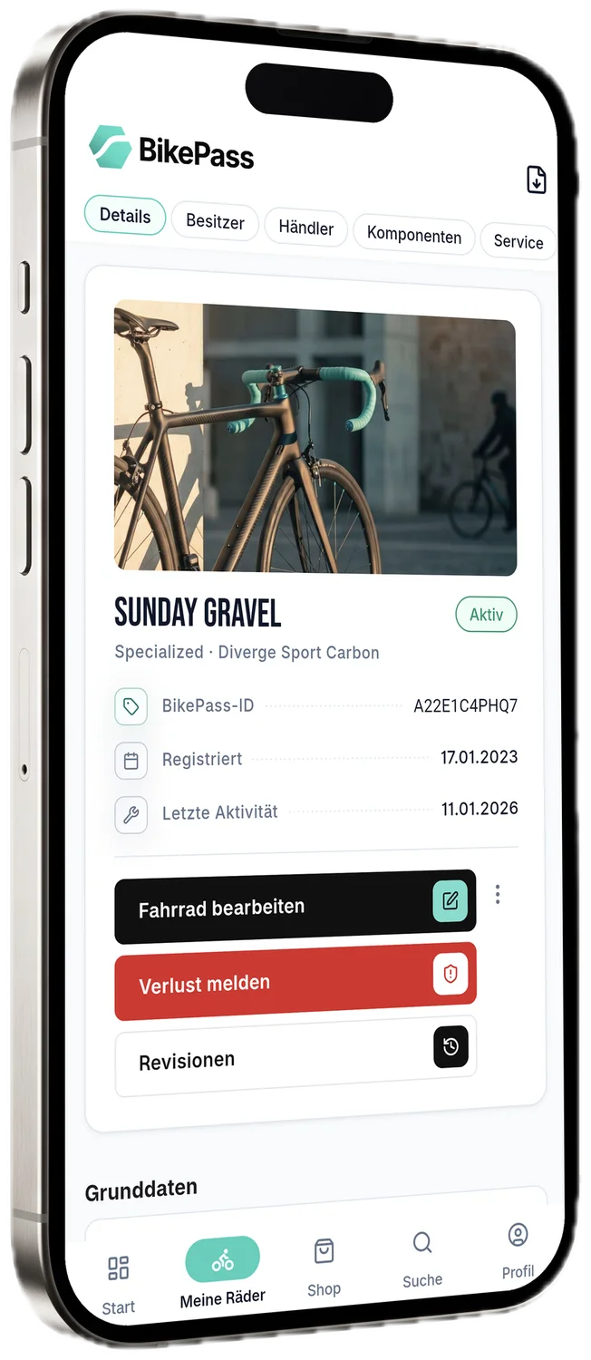iPhone mit der BikePass-App: Fahrradakte mit Foto, BikePass-ID und Registrierdatum
