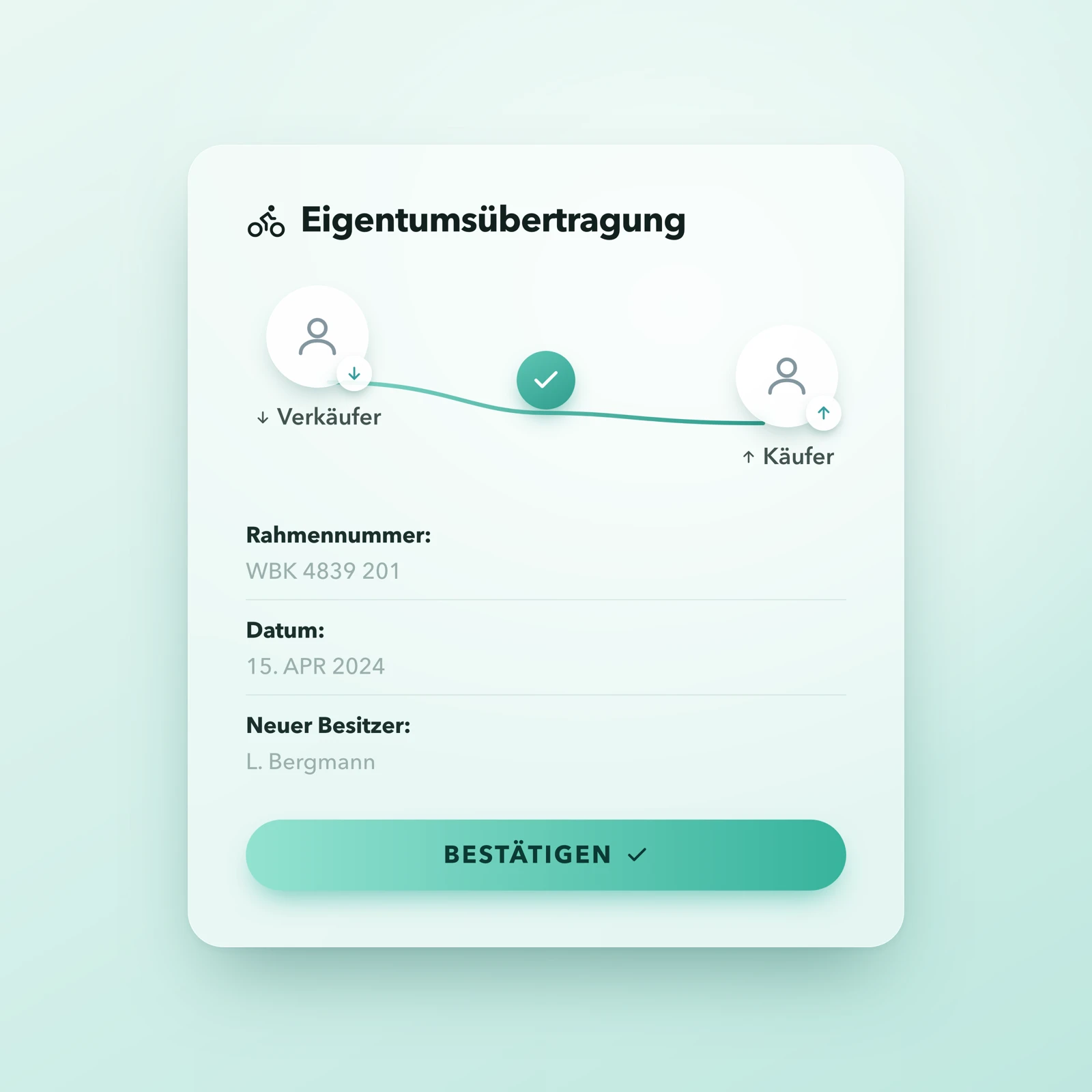 UI-Mockup der digitalen Eigentumsübertragung im BikePass
