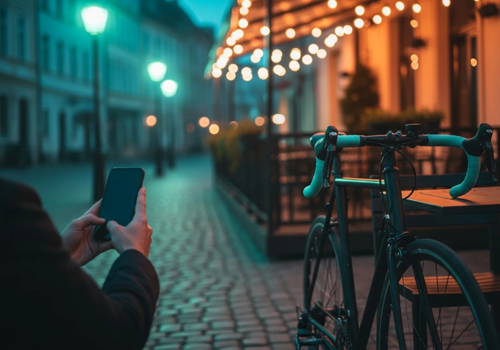Hand hält ein Smartphone neben einem Fahrrad an einer Café-Terrasse in der Abenddämmerung