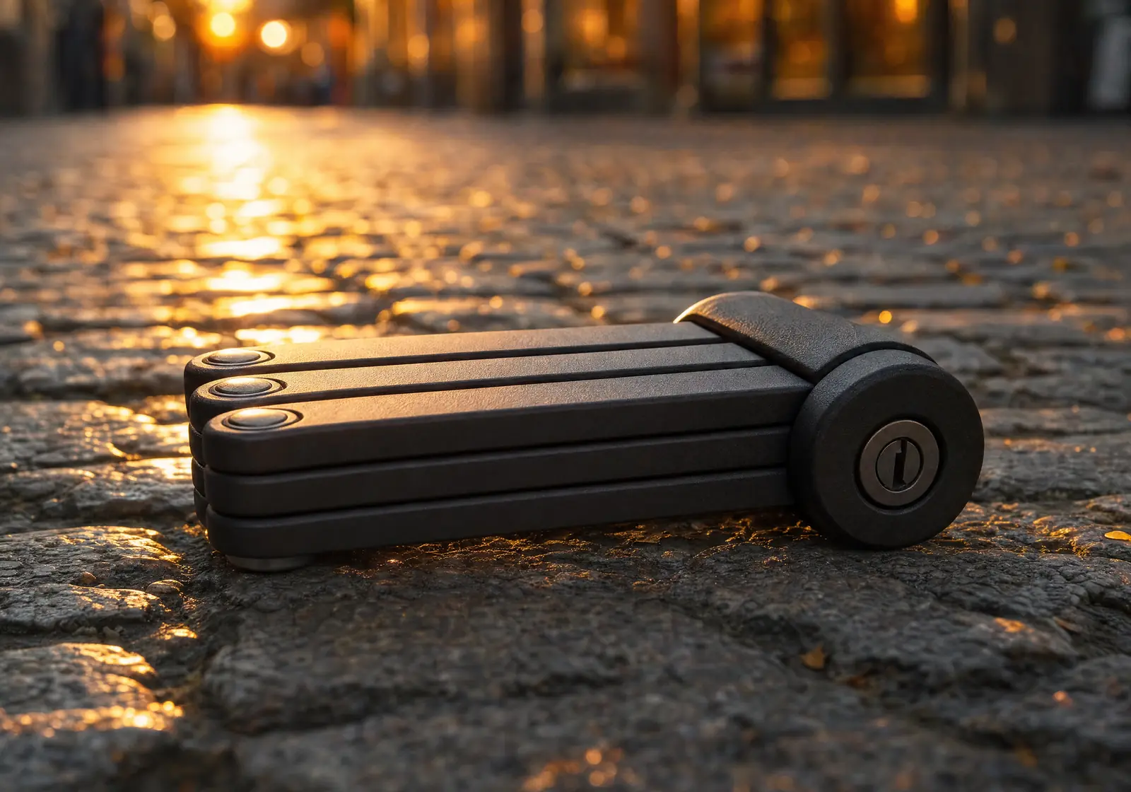 Heavy black folding lock, folded up on cobblestones in the evening sun