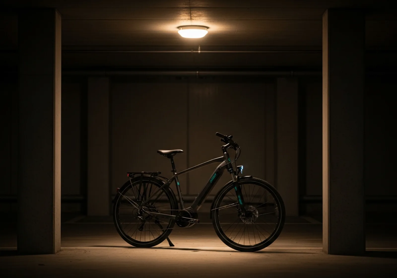 Fahrrad steht nachts unter einer warmen Deckenlampe in einer abschließbaren Fahrradgarage