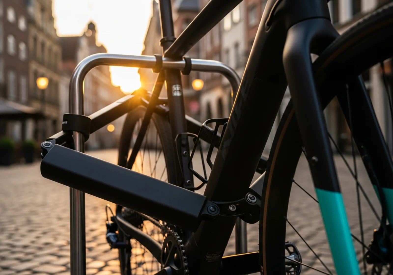 Massives schwarzes Faltschloss sichert ein E-Bike an einem Fahrradständer in der Abendsonne