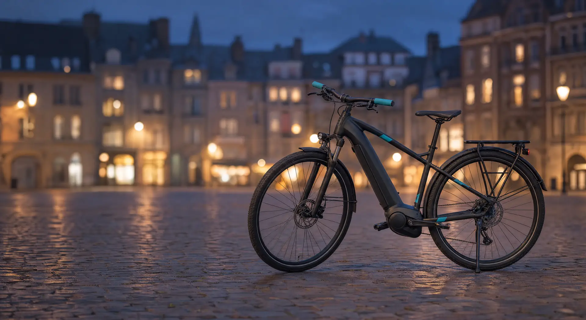 E-bike standing on its kickstand in a city square in the evening