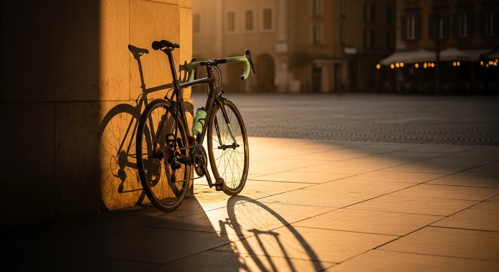 Rennrad lehnt bei tiefstehender Sonne an einer Steinmauer
