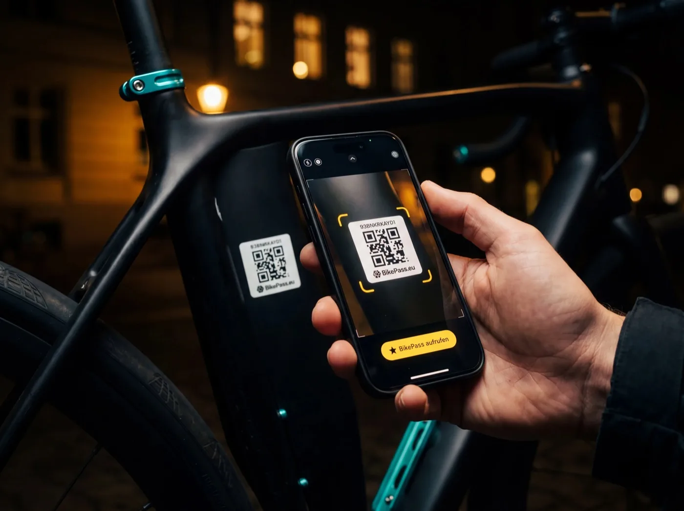 BikePass ID being scanned on a bike at night