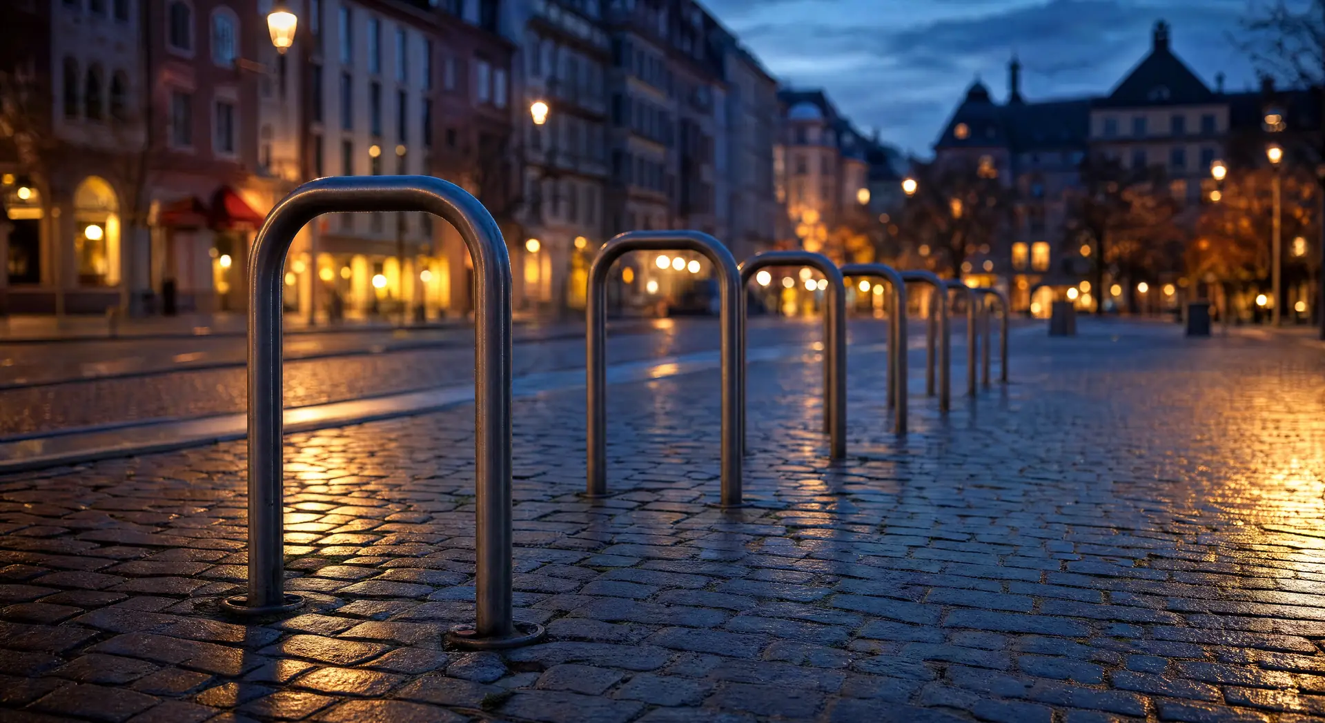 Empty bike racks on a city square in the evening