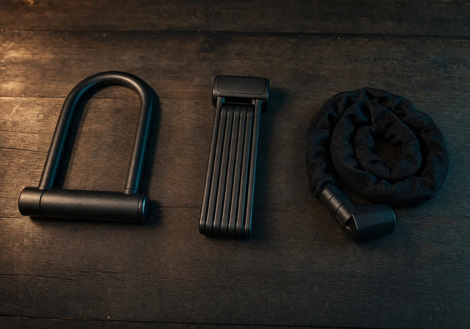 D-lock, folding lock and chain lock side by side on a wooden surface