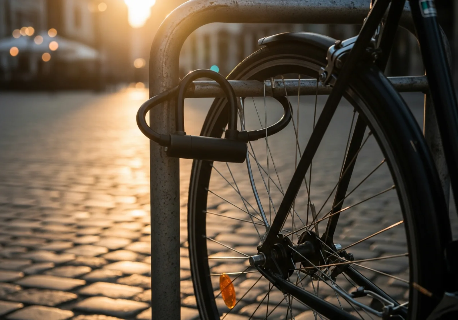 Schwarzes Bügelschloss sichert Hinterrad und Rahmen eines Fahrrads an einem fest verankerten Fahrradständer