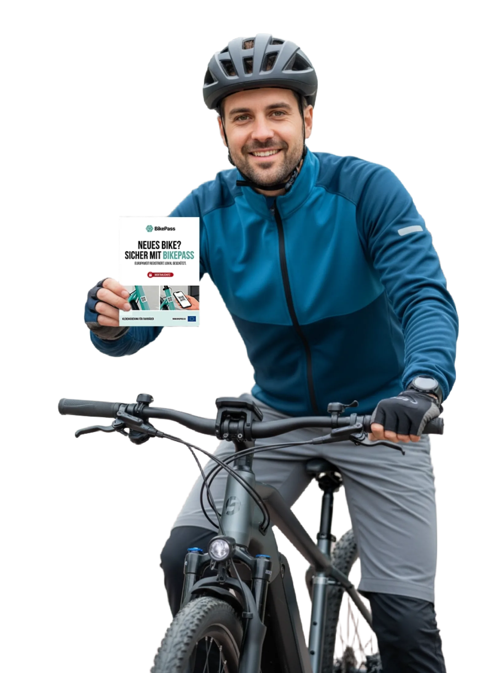 Radfahrer mit BikePass-Sicherheitspaket — Sticker, App und Karte