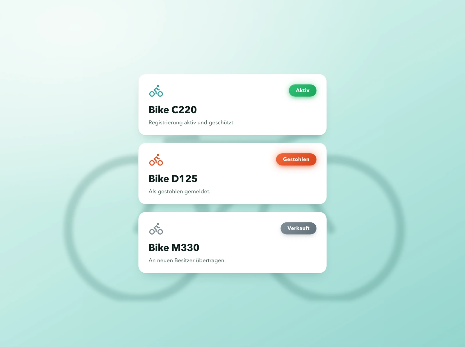 Status-Toggle in der BikePass-App — Gestohlen, Verkauft, Aktiv
