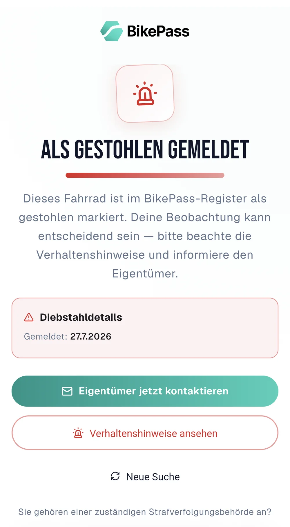 Bikefinder — als gestohlen gemeldet
