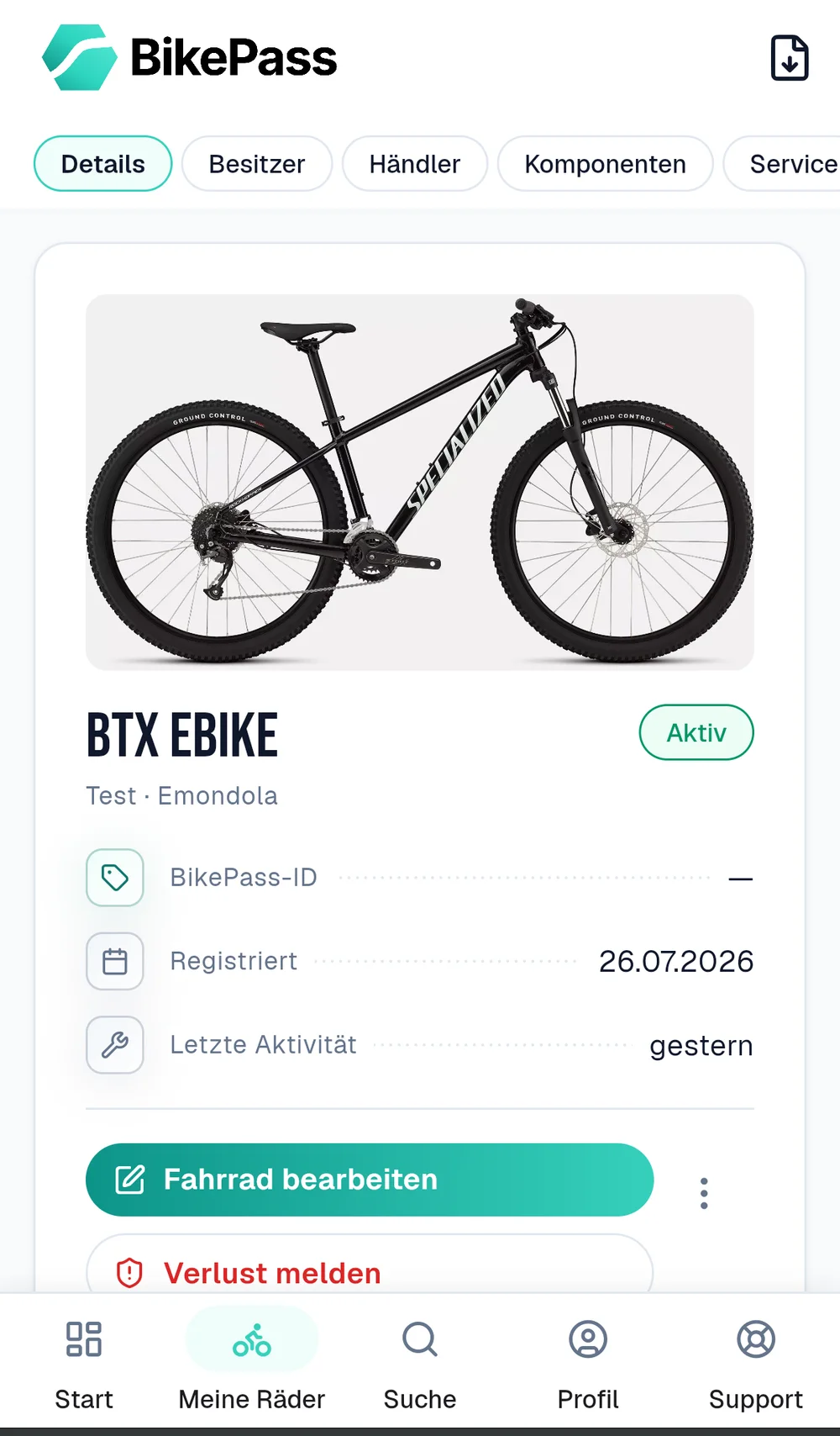 BikePass-App mit fertigem Fahrradpass und aktivem Status