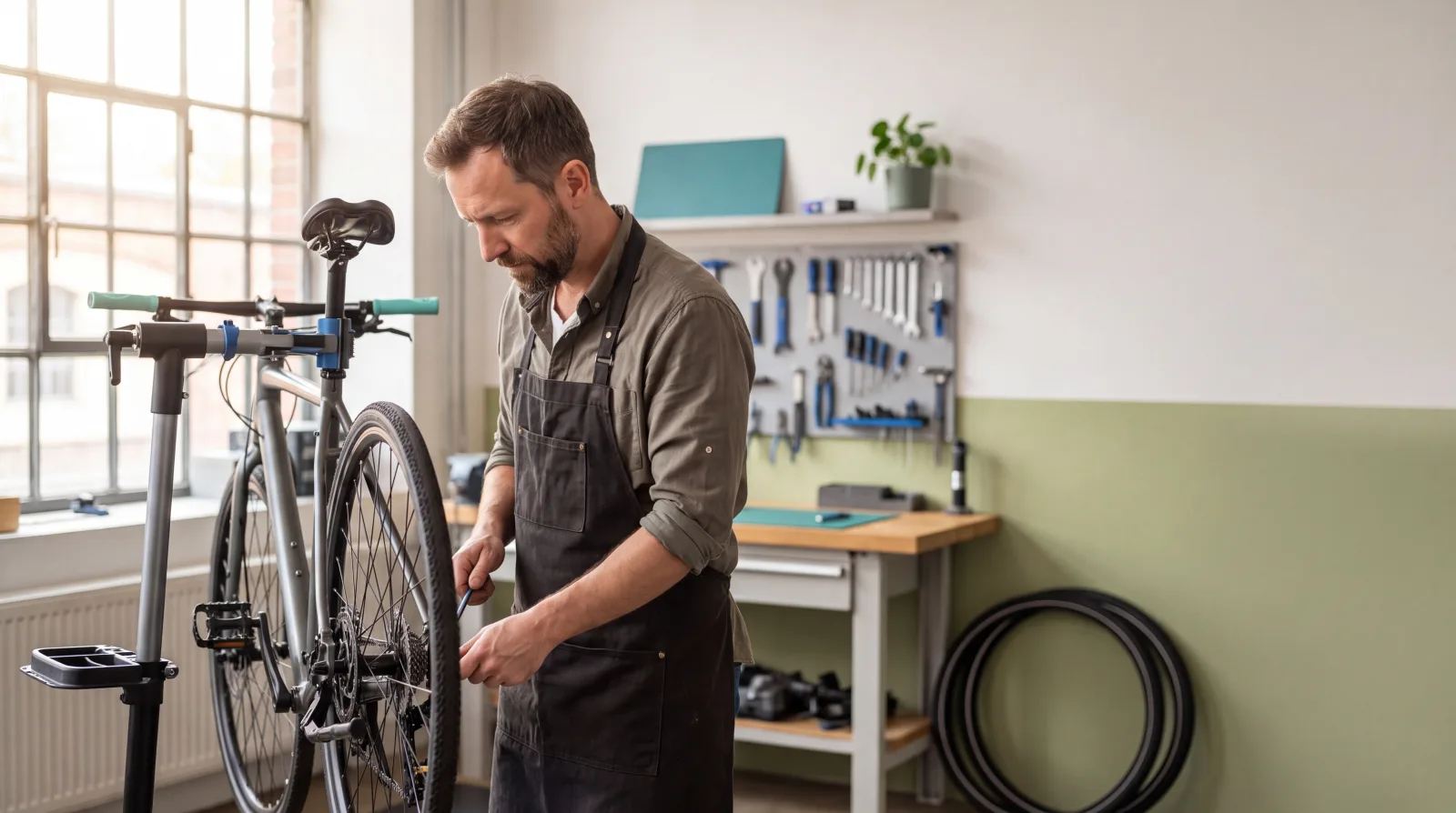 Werkstatt-Techniker justiert ein Fahrrad