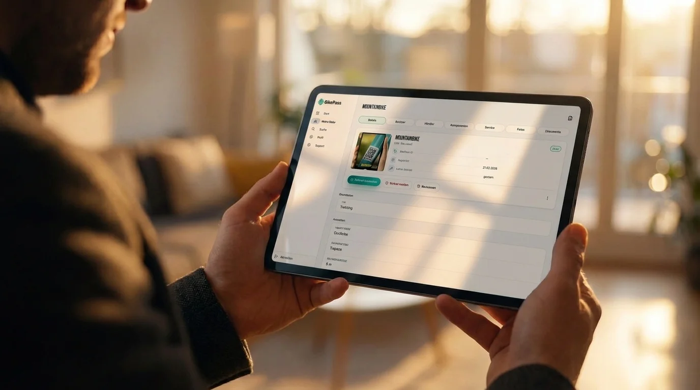 Tablet mit geöffneter BikePass-App und registriertem Fahrrad