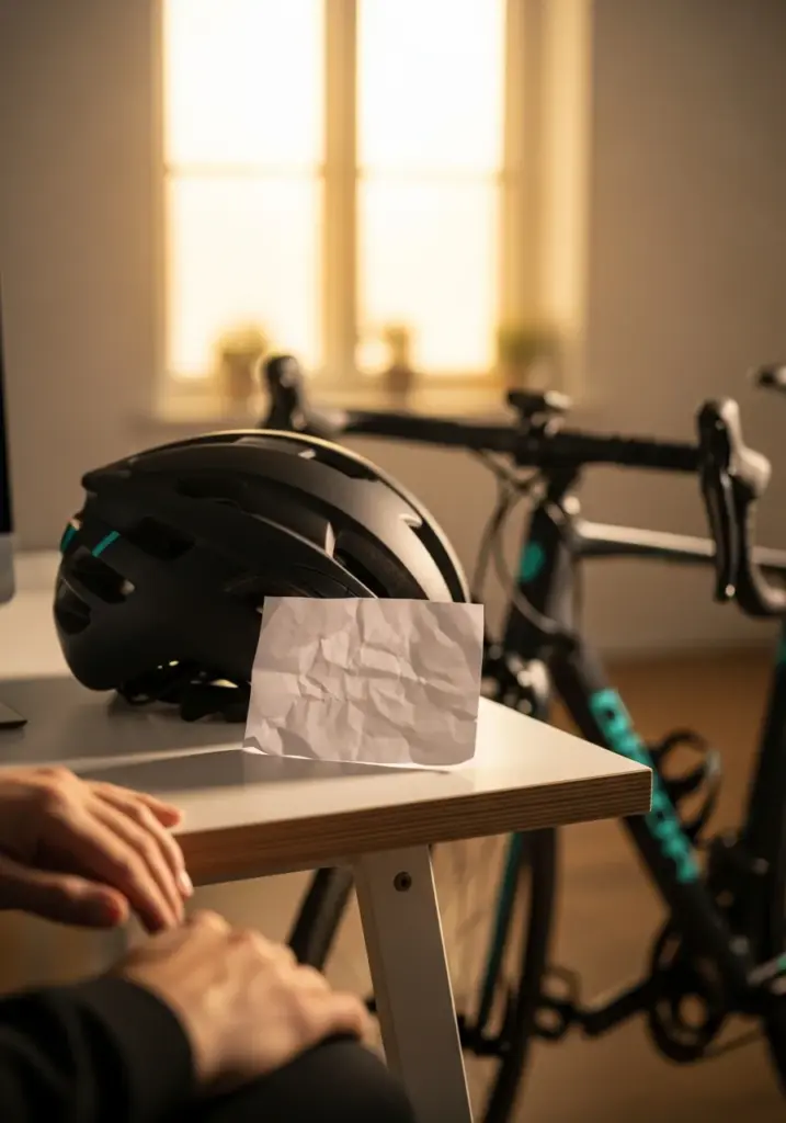 Zerknülltes Schreiben neben einem Fahrradhelm auf dem Schreibtisch – Versicherung zahlt nicht bei Fahrraddiebstahl