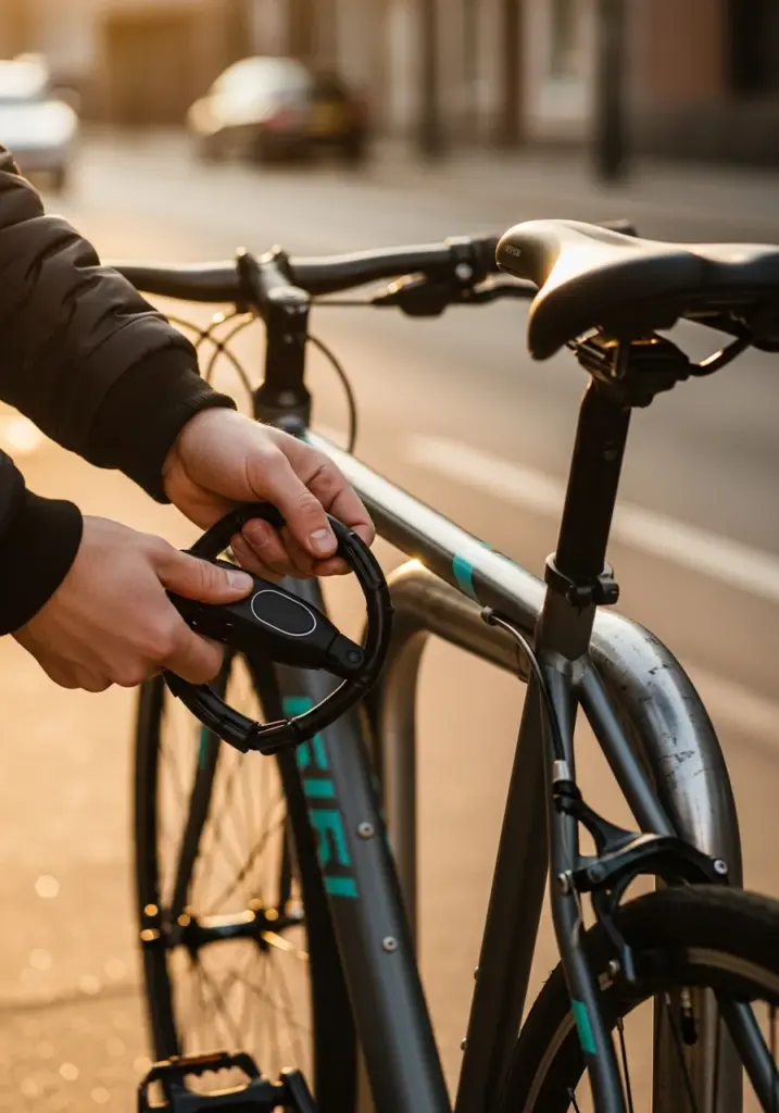 Hände schließen einen Fahrradrahmen mit Faltschloss an einen Fahrradständer an – Fahrrad richtig abschließen
