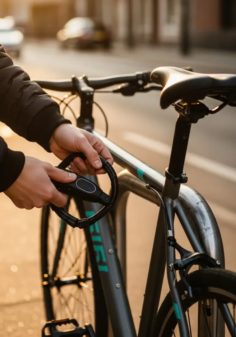 Hände schließen einen Fahrradrahmen mit Faltschloss an einen Fahrradständer an – Fahrrad richtig abschließen