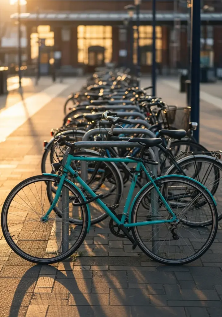 Lange Reihe abgestellter Fahrräder am Bahnhofs-Fahrradständer bei Abendlicht – Fahrrad sicher abstellen