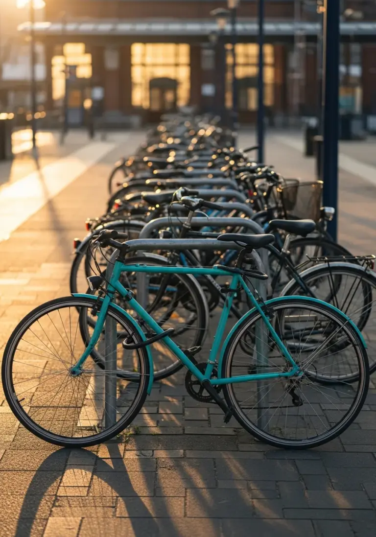 Lange Reihe abgestellter Fahrräder am Bahnhofs-Fahrradständer bei Abendlicht – Fahrrad sicher abstellen