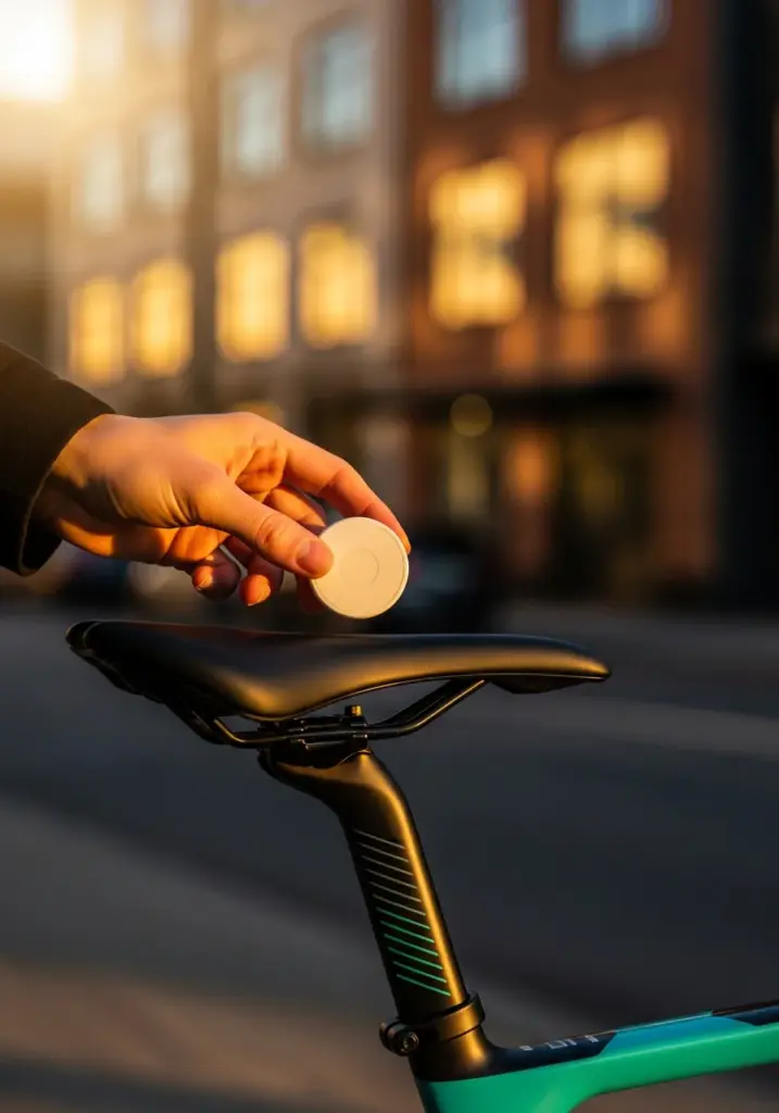 Finger halten einen runden weißen Tracker neben einem Fahrradsattel – AirTag am Fahrrad verstecken