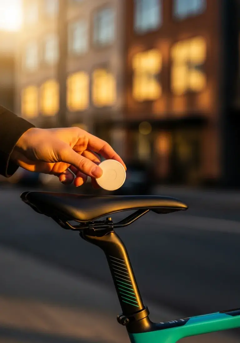 Finger halten einen runden weißen Tracker neben einem Fahrradsattel – AirTag am Fahrrad verstecken