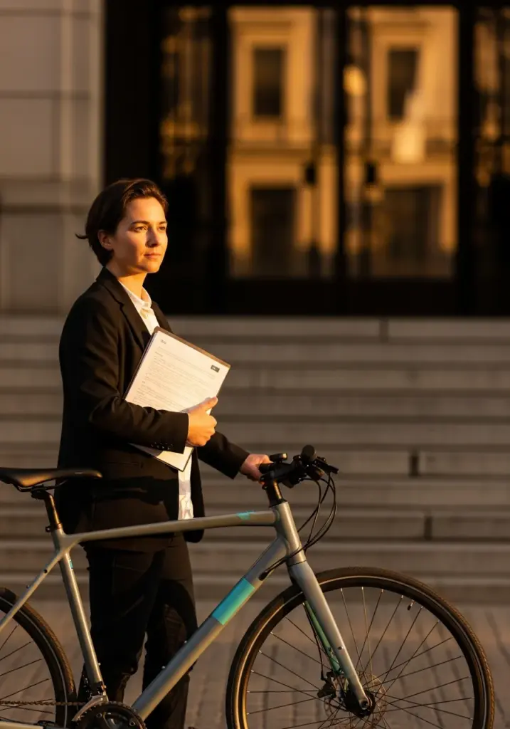Person mit Dokumentenmappe neben ihrem Fahrrad vor einem Behördengebäude – Fahrraddiebstahl anzeigen