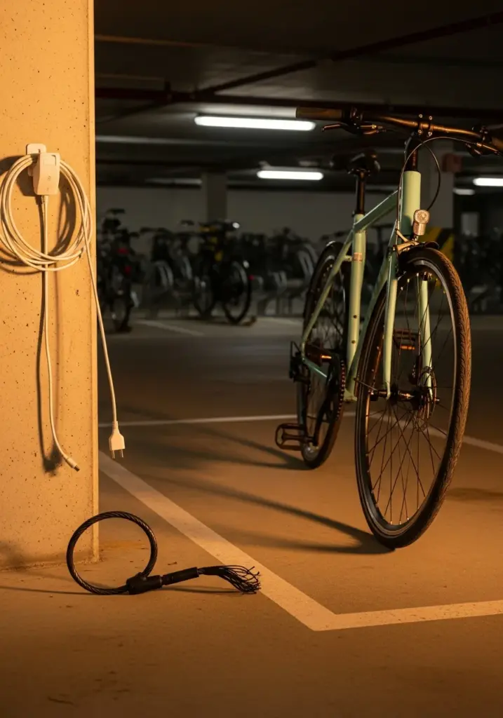 An empty e-bike parking space in a bike garage with a cut lock on the floor—e-bike stolen