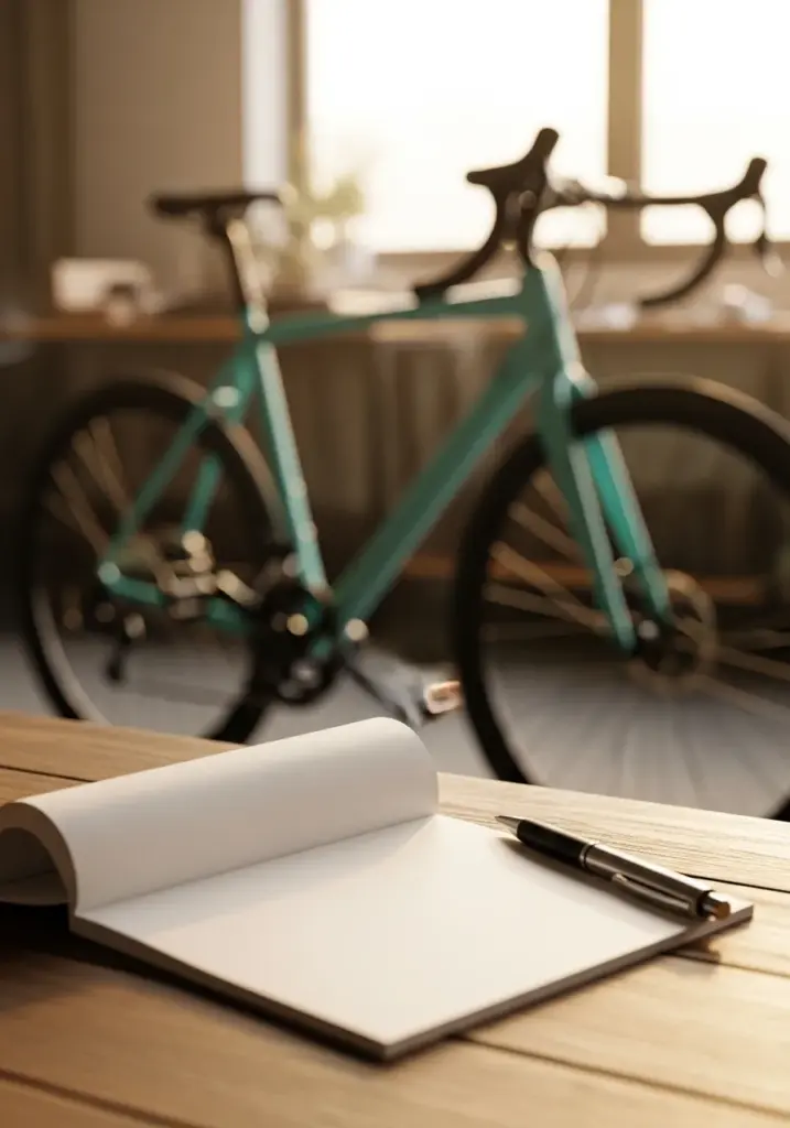 Papier-Fahrradpass und Stift auf einem Holztisch, Fahrrad im Hintergrund – Fahrradpass ausfüllen