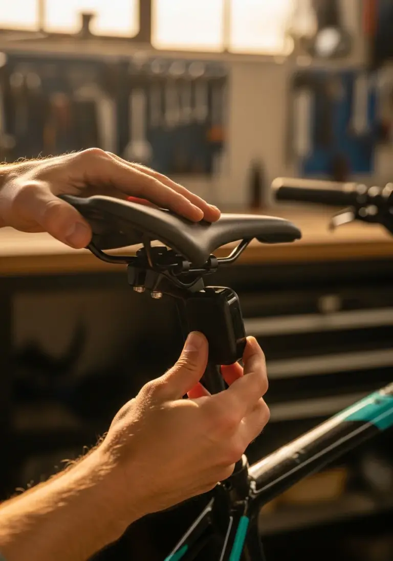 Kleines GPS-Tracker-Modul wird unter einem Fahrradsattel montiert – GPS-Tracker fürs Fahrrad