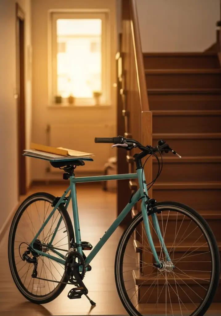 Fahrrad im Hausflur eines Wohnhauses mit Unterlagen auf dem Sattel – Hausratversicherung bei Fahrraddiebstahl