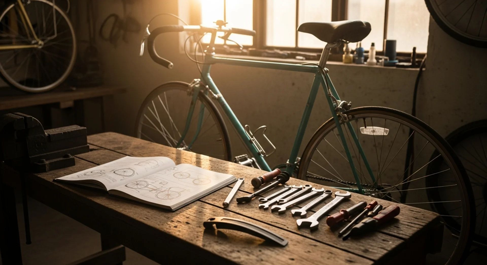 Fahrrad-Werkstatt mit Werkzeug und aufgeschlagenem Handbuch in warmem Abendlicht