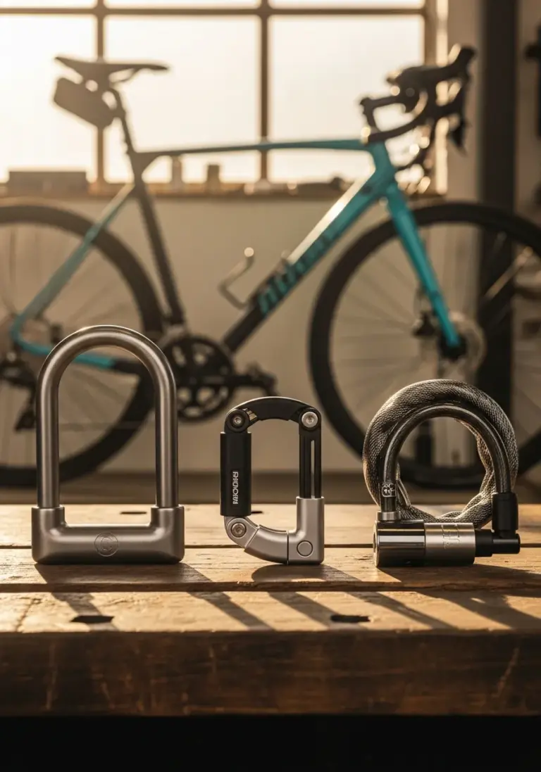 Bügelschloss, Faltschloss und Kettenschloss nebeneinander auf einer Werkbank – Fahrradschloss-Arten im Vergleich