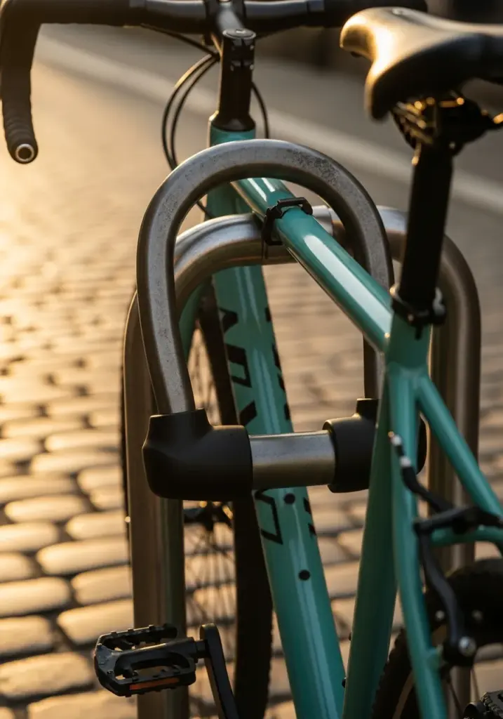 A sturdy U-lock secures the bike frame to a bike rack—protection against lock picking