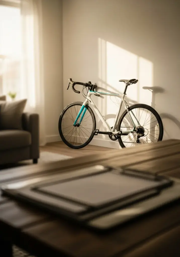 Fahrrad an heller Wohnzimmerwand mit zwei Dokumentenmappen auf dem Tisch – welche Versicherung zahlt bei Fahrraddiebstahl