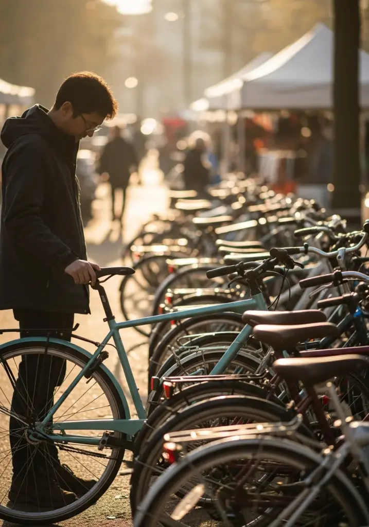 Person sucht ein gestohlenes Fahrrad zwischen gebrauchten Rädern auf einem Flohmarkt