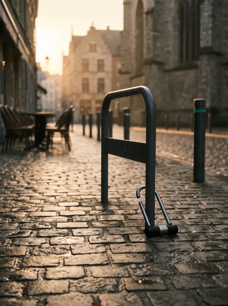 Fahrrad geklaut – was tun: leerer Abstellplatz mit aufgebrochenem Schloss in der Morgensonne